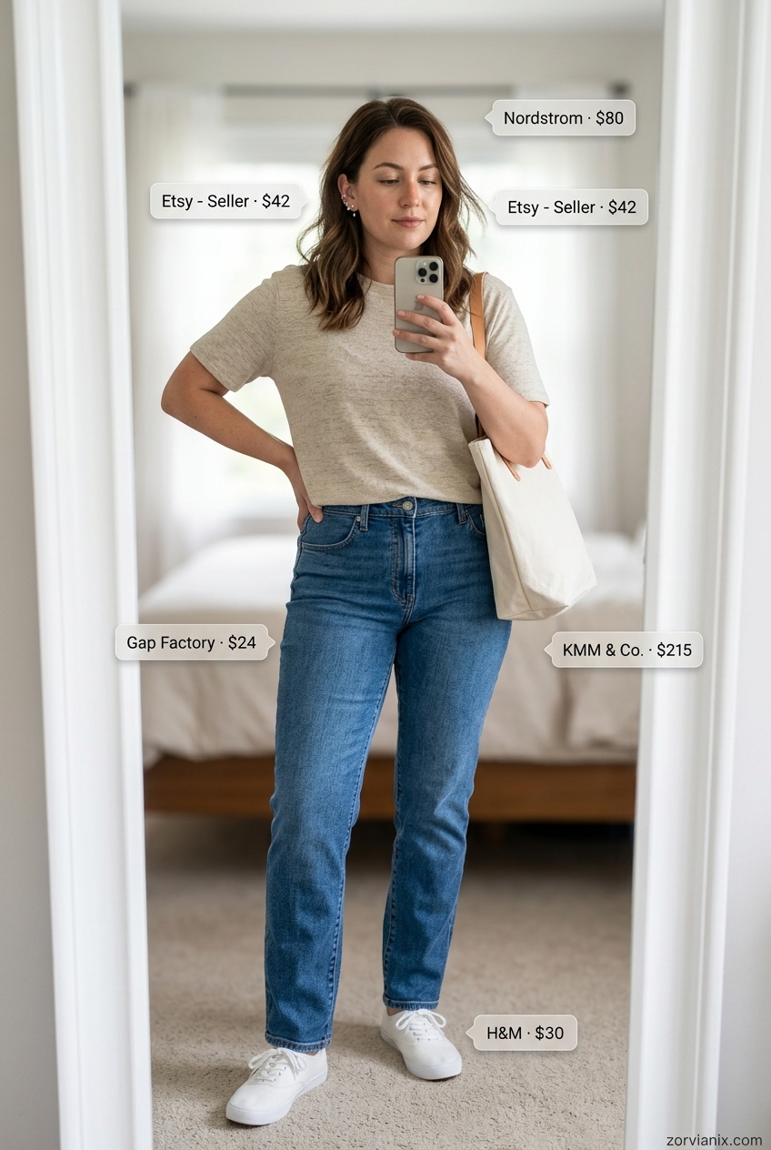 Relaxed fit jeans and beige knit top for casual Friday summer outfits for women 2026. Comfortable & casual style.