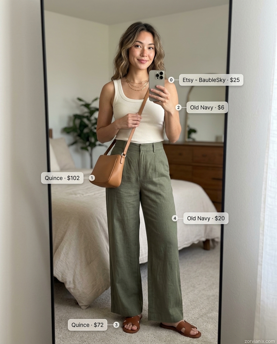 Olive green linen pants for casual Friday summer outfits for women 2026. Relaxed & effortless style.