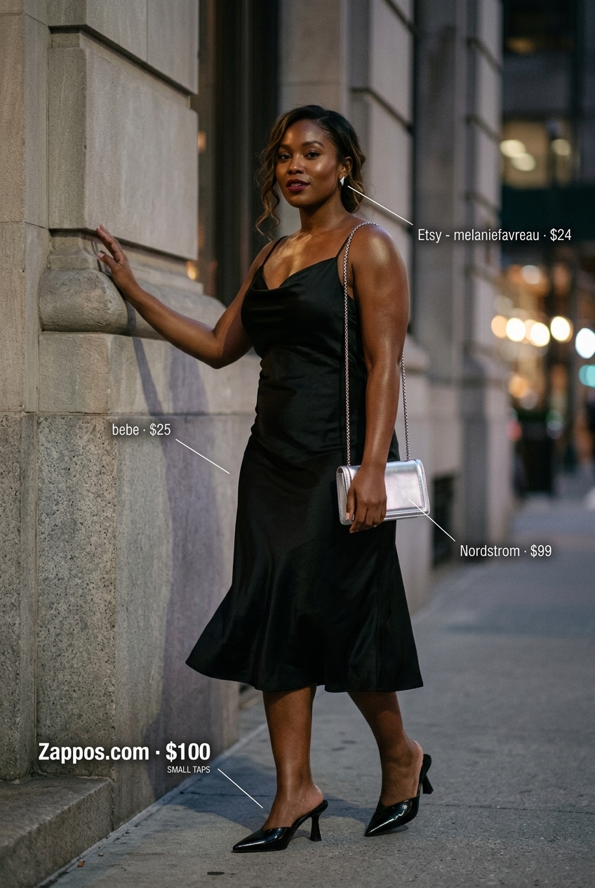 Black midi slip dress for casual Friday summer outfits for women 2026. Sophisticated & cool style.