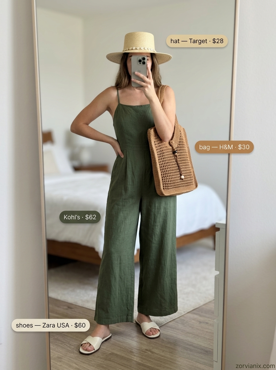 Olive green wide-leg jumpsuit for casual Friday summer outfits for women 2026. Comfortable & chic style.