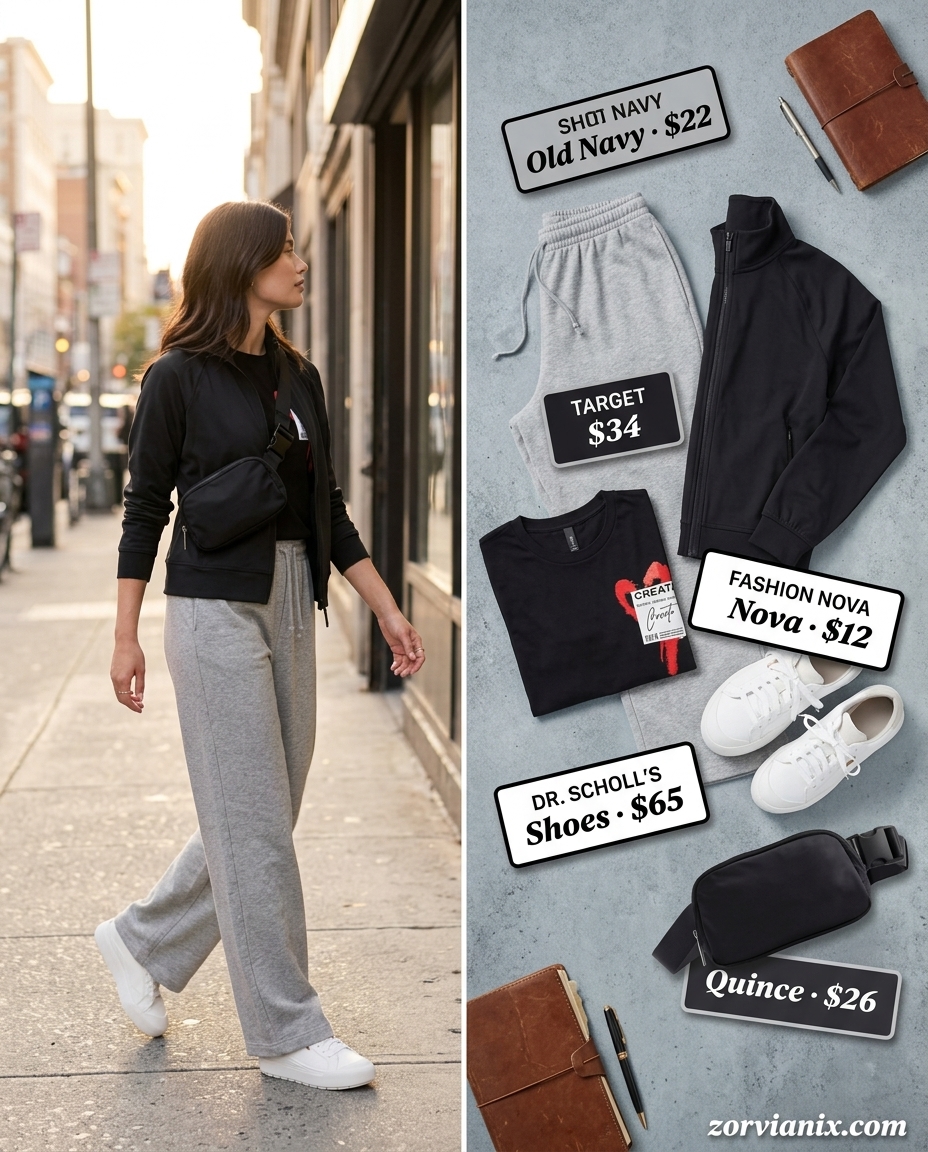 Casual outfits for women with Inverted Triangle Shape 2026: Grey wide-leg sweatpants, graphic tee, activewear jacket.