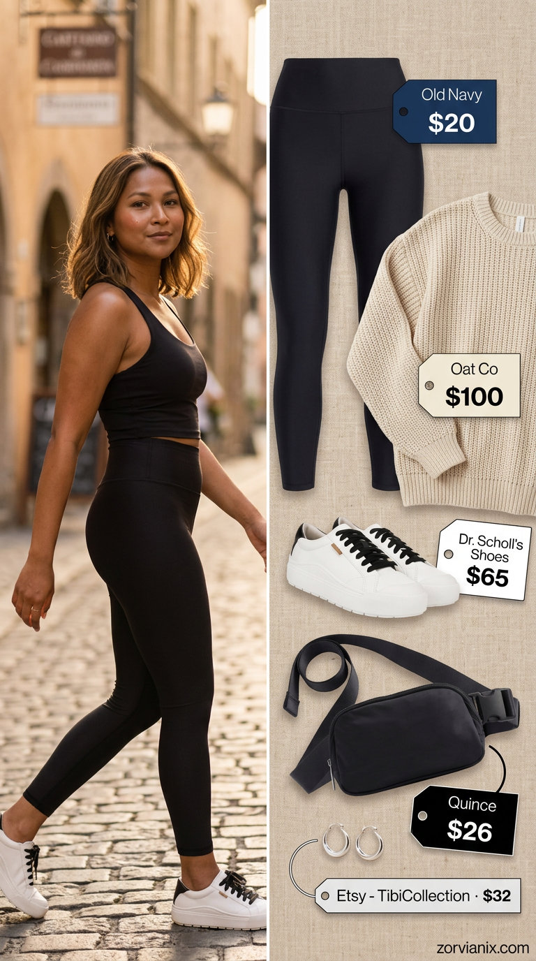 Casual outfits for women with Inverted Triangle Shape 2026: Oversized knit sweater, black leggings, sneakers & belt bag.