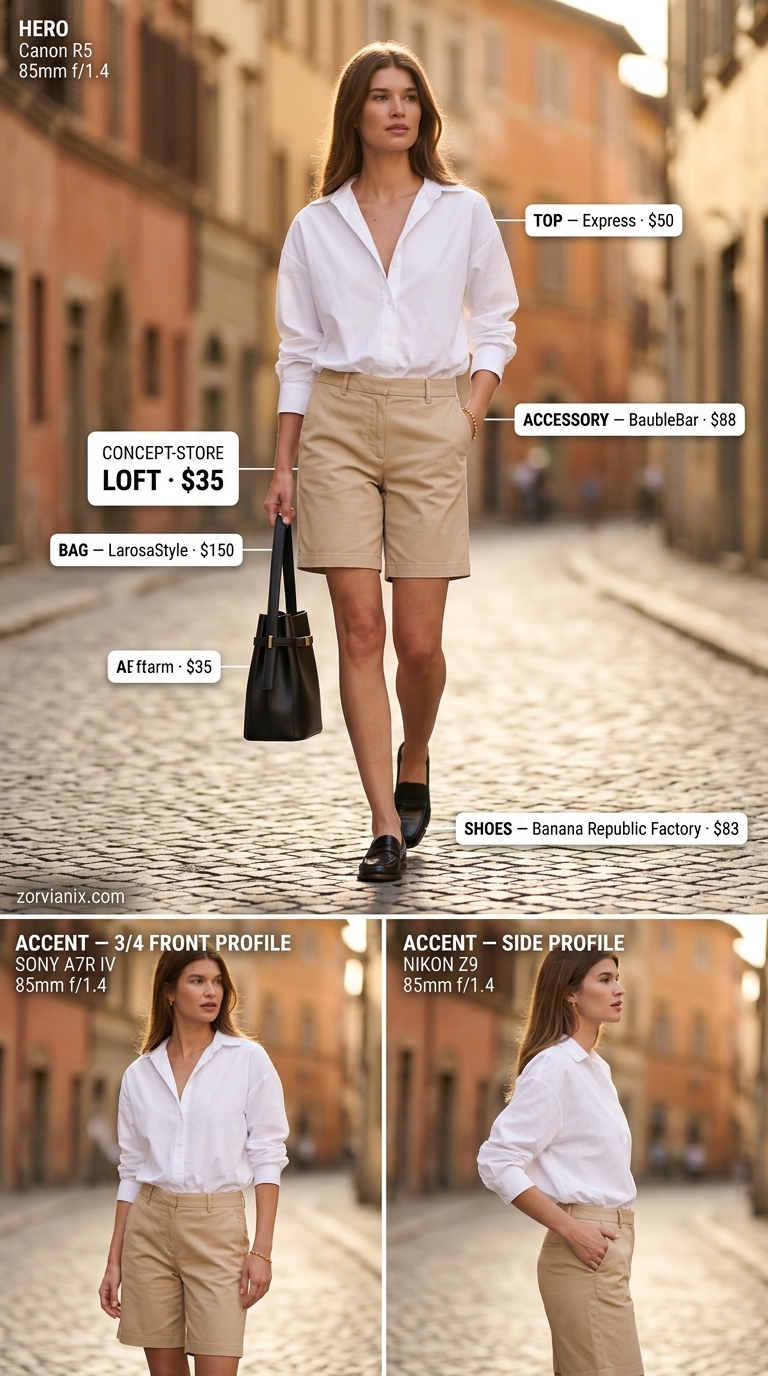 Casual outfits for women with Inverted Triangle Shape 2026: Tailored Bermuda shorts, crisp white shirt, loafers & structured bag.