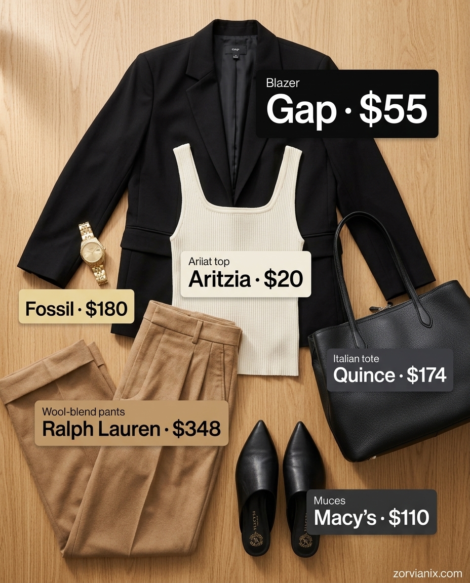 Casual outfits for women with Inverted Triangle Shape 2026: Camel blazer, cream tank, wide-leg trousers, and mules.