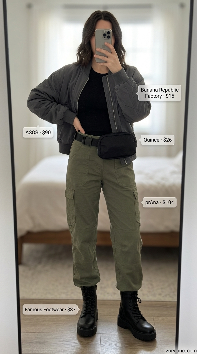 Casual outfits for women with Inverted Triangle Shape 2026: Cargo pants, fitted tank, bomber jacket, combat boots & belt bag.