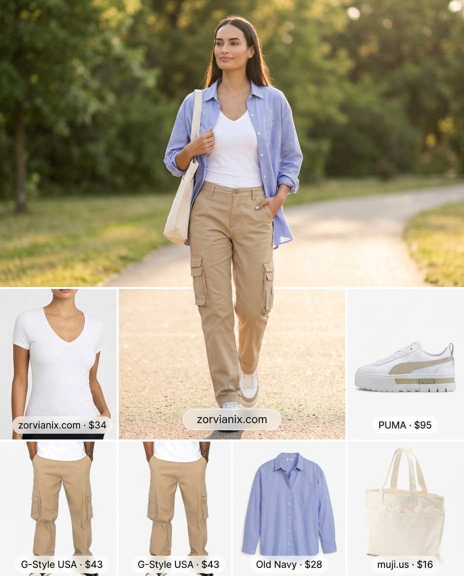 Casual outfits for women with Inverted Triangle Shape 2026: Khaki cargo pants, oversized shirt, white sneakers.