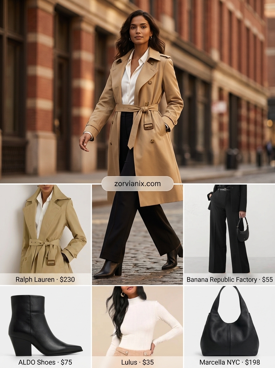 Casual outfits for women with Inverted Triangle Shape 2026: Camel trench coat, wide-leg trousers, mock neck top.