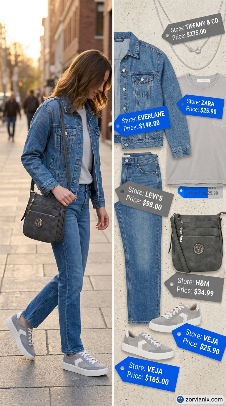 Casual outfits for women with Inverted Triangle Shape 2026: Denim jacket, graphic tee, straight-leg jeans, and sneakers.