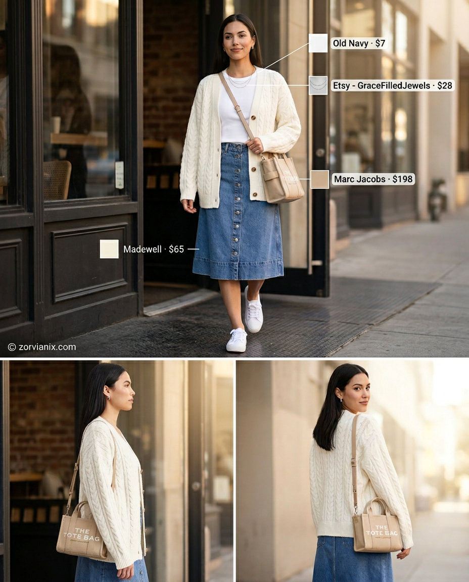 Casual outfits for women with Inverted Triangle Shape 2026: A-line denim midi skirt, white tee, cream cardigan, and sneakers.