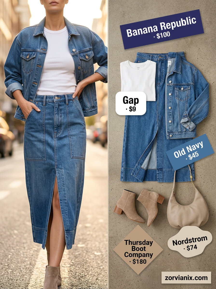 Casual outfits for women with Inverted Triangle Shape 2026: A-line denim skirt, white tee, denim jacket, tan boots & crossbody.