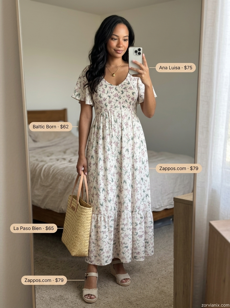 Casual outfits for women with Inverted Triangle Shape 2026: Flowy floral midi dress, espadrille wedges, and straw tote.