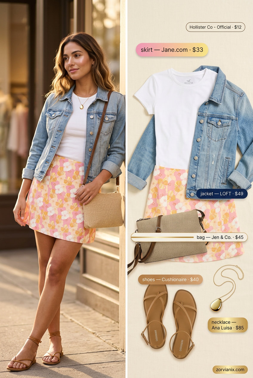 Casual outfits for women with Inverted Triangle Shape 2026: Floral mini skirt, fitted tee, denim jacket, sandals & straw bag.