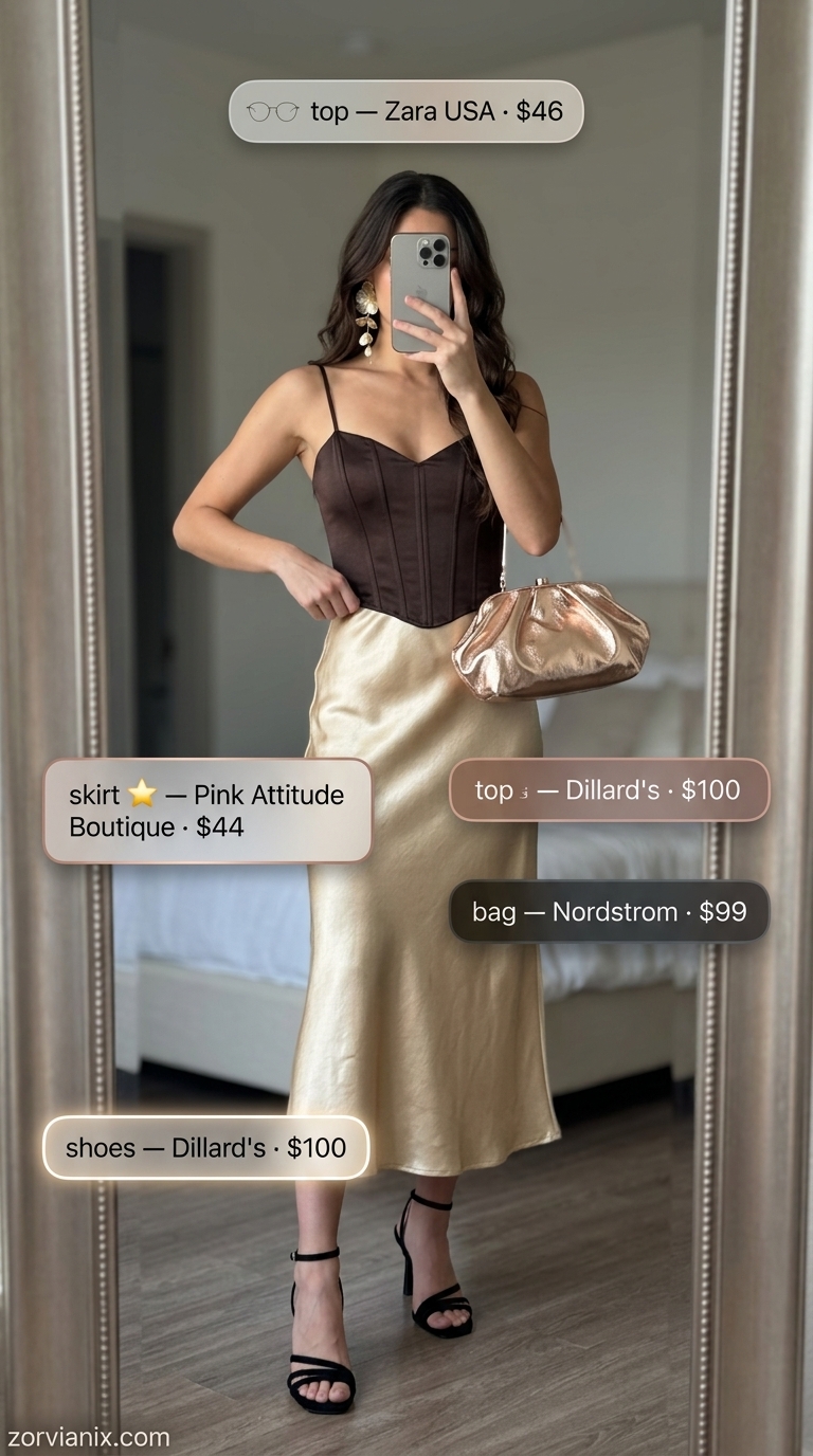 Casual outfits for women with Inverted Triangle Shape 2026: Gold satin midi skirt, black corset top, strappy heels.