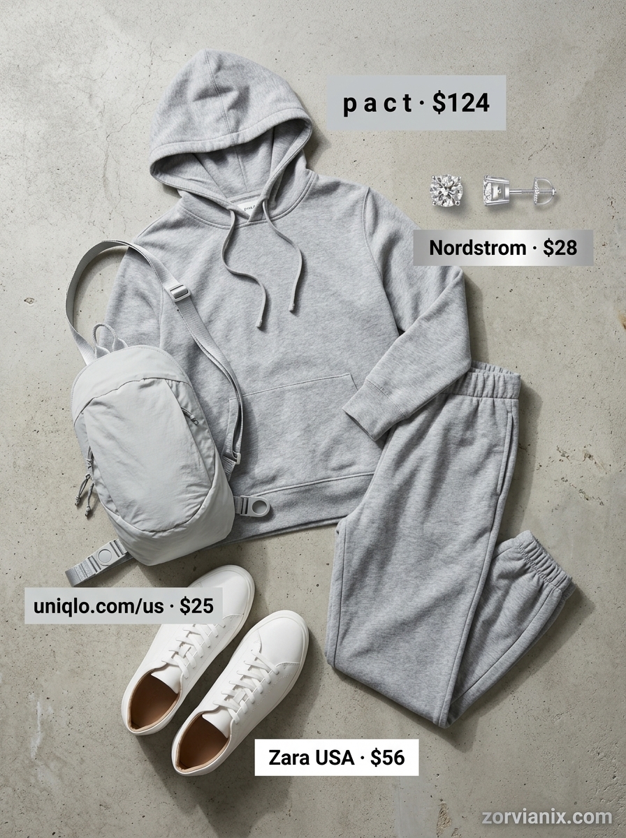 Casual outfits for women with Inverted Triangle Shape 2026: Grey matching set with joggers and hoodie, white sneakers.