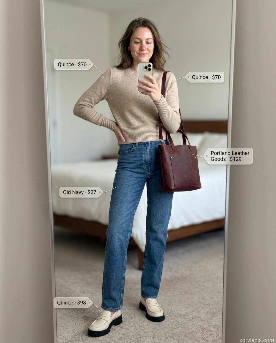Casual outfits for women with Inverted Triangle Shape 2026: Straight-leg jeans, cropped sweater, denim jacket.