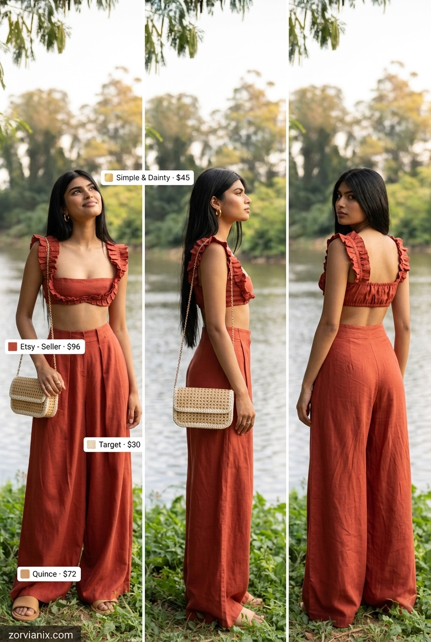 Casual outfits for women with Inverted Triangle Shape 2026: Terracotta linen set, slide sandals, straw bag & gold hoops.