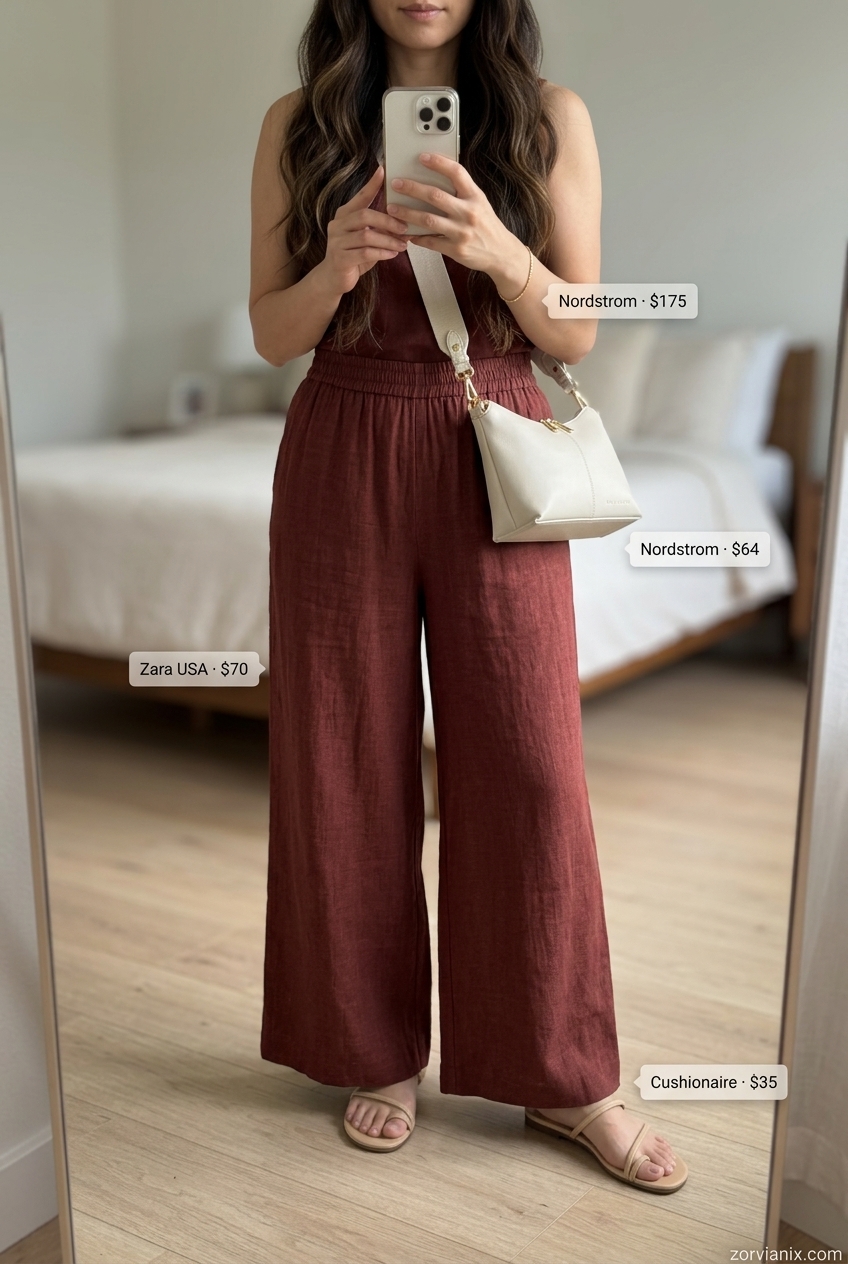 Casual outfits for women with Inverted Triangle Shape 2026: Terracotta linen matching set, minimalist sandals & crossbody bag.