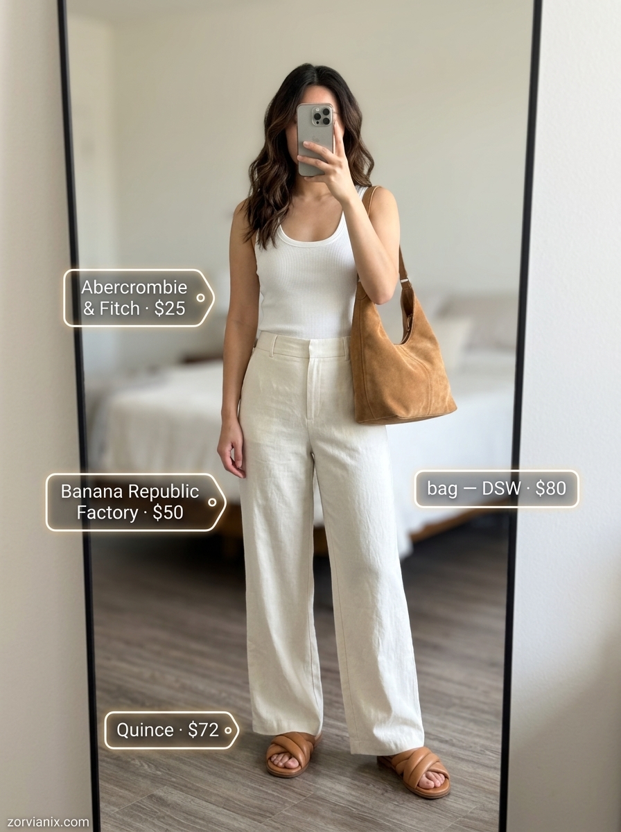 Casual outfits for women with Inverted Triangle Shape 2026: Linen wide-leg pants, white tank, grey cardigan, and slides.