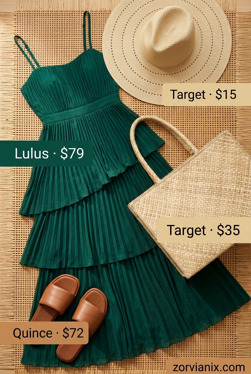 Casual outfits for women with Inverted Triangle Shape 2026: Emerald green maxi dress, straw hat, tan slides.