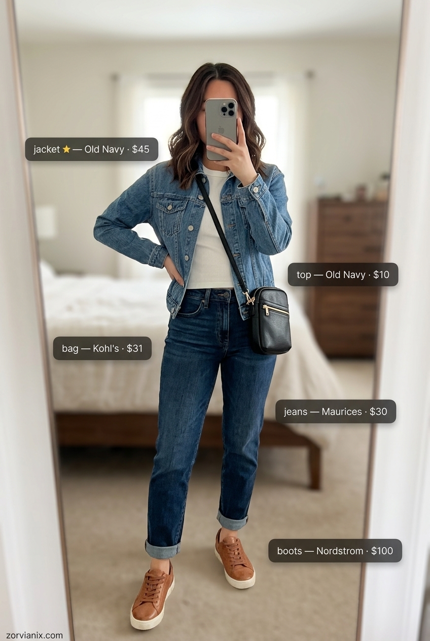 Casual outfits for women with Inverted Triangle Shape 2026: Dark wash mom jeans, denim jacket, white tee.