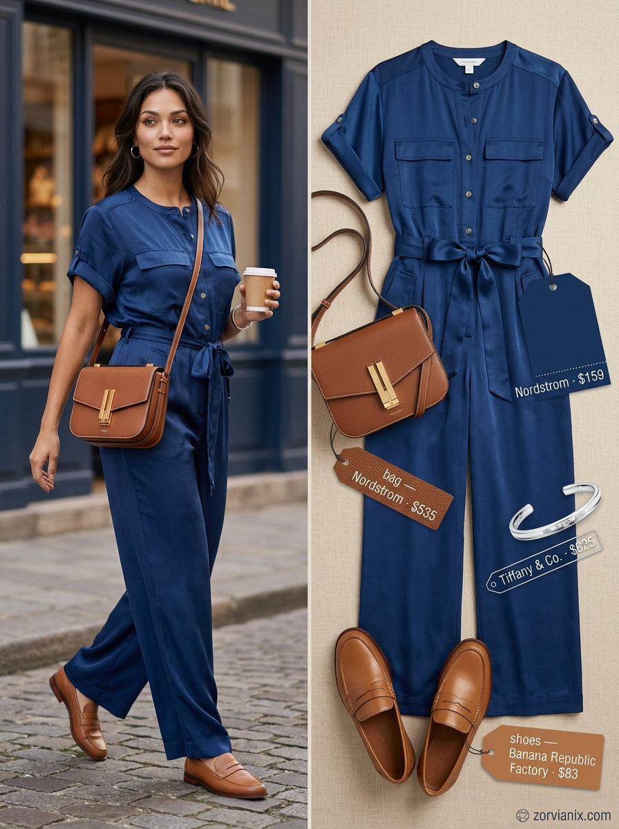 Casual outfits for women with Inverted Triangle Shape 2026: Navy utility jumpsuit, tan loafers, and leather crossbody.