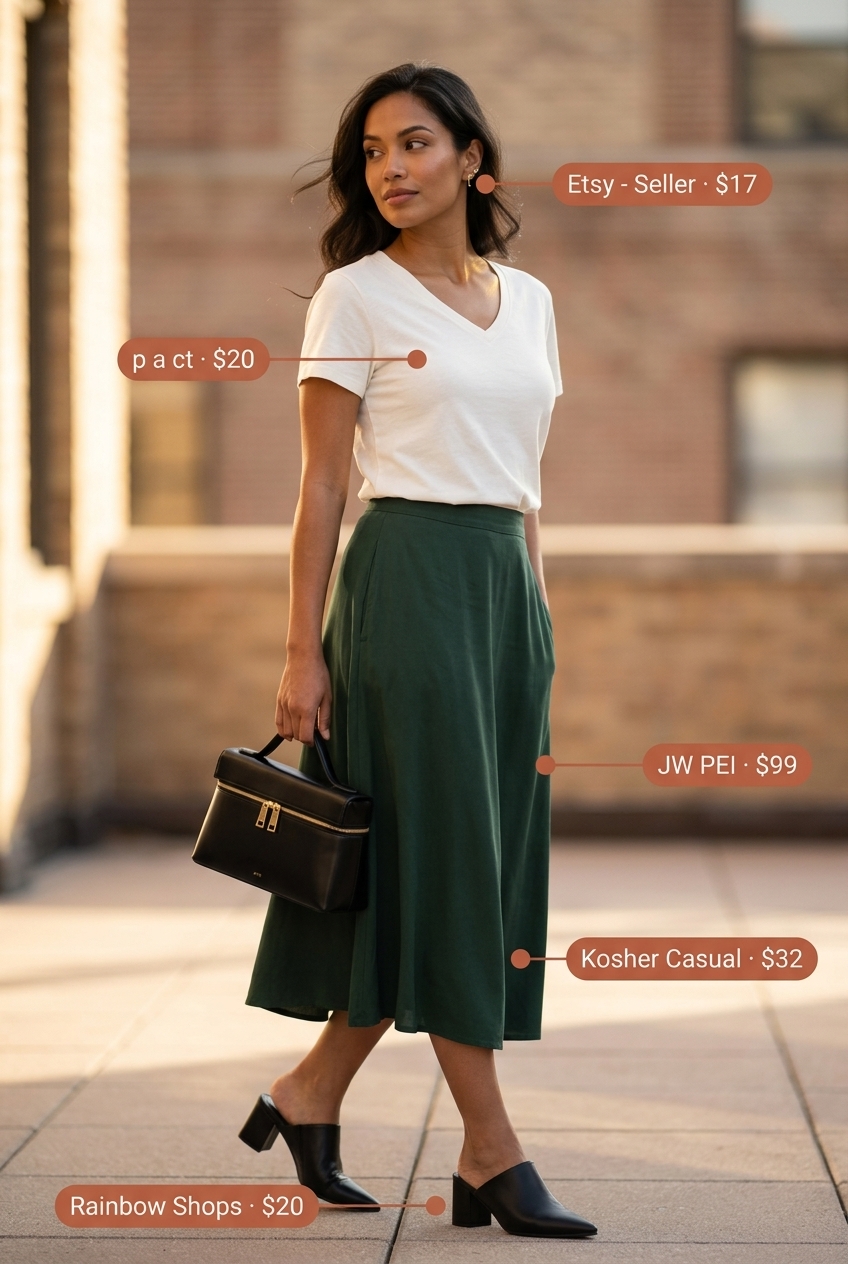 Casual outfits for women with Inverted Triangle Shape 2026: Olive A-line midi skirt, cream V-neck tee, black mules, and satchel.