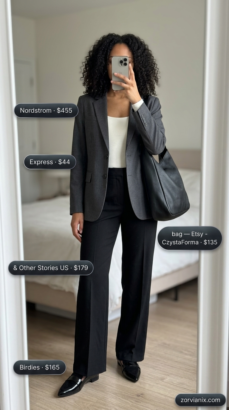 Casual outfits for women with Inverted Triangle Shape 2026: Charcoal blazer, straight-leg trousers, ivory bodysuit.