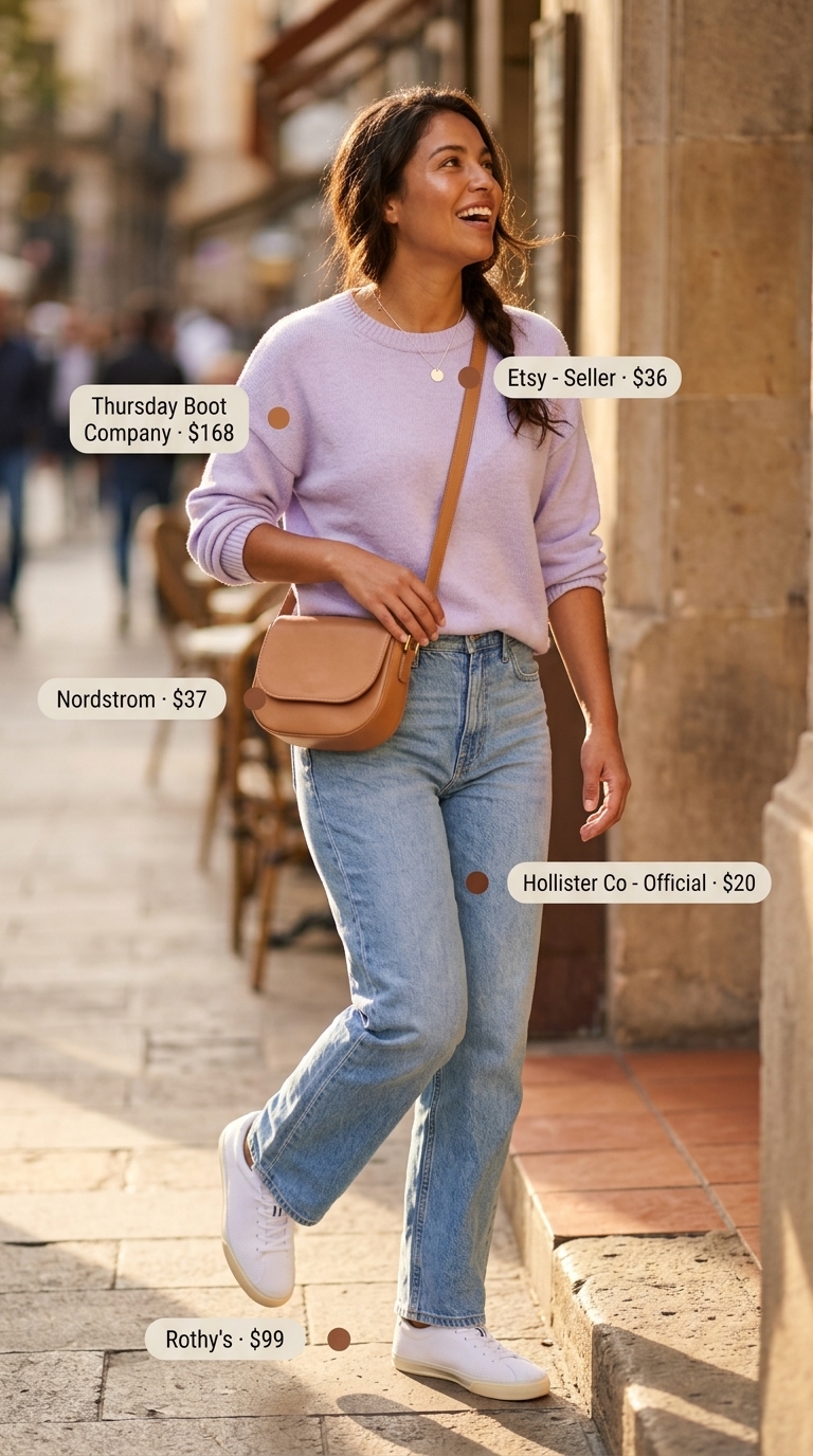 Casual outfits for women with Inverted Triangle Shape 2026: Straight-leg jeans, lilac sweater, sneakers, crossbody bag & necklace.
