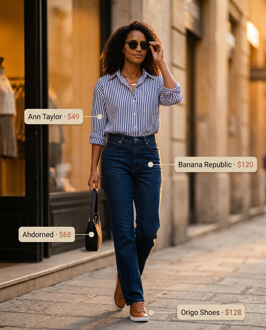 Casual outfits for women with Inverted Triangle Shape 2026: Dark wash straight-leg jeans, striped shirt, leather sneakers.