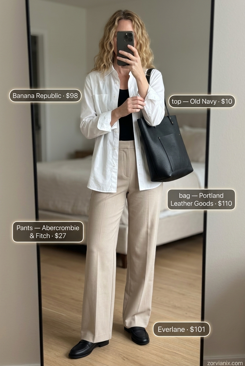 Casual outfits for women with Inverted Triangle Shape 2026: White oversized shirt, black tank, beige trousers, and loafers.