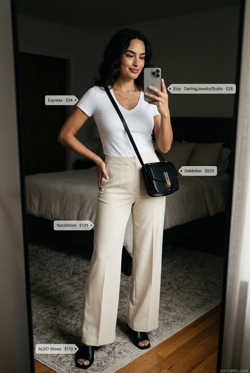 Casual outfits for women with Inverted Triangle Shape 2026: Wide-leg trousers, fitted tee, mules, crossbody bag & necklace.