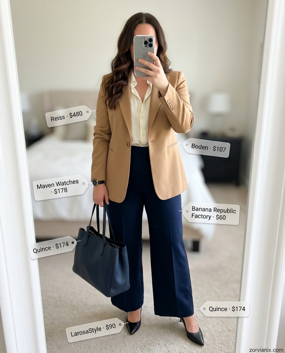 Casual outfits for women with Inverted Triangle Shape 2026: Navy wide-leg trousers, ivory silk shirt, camel blazer.
