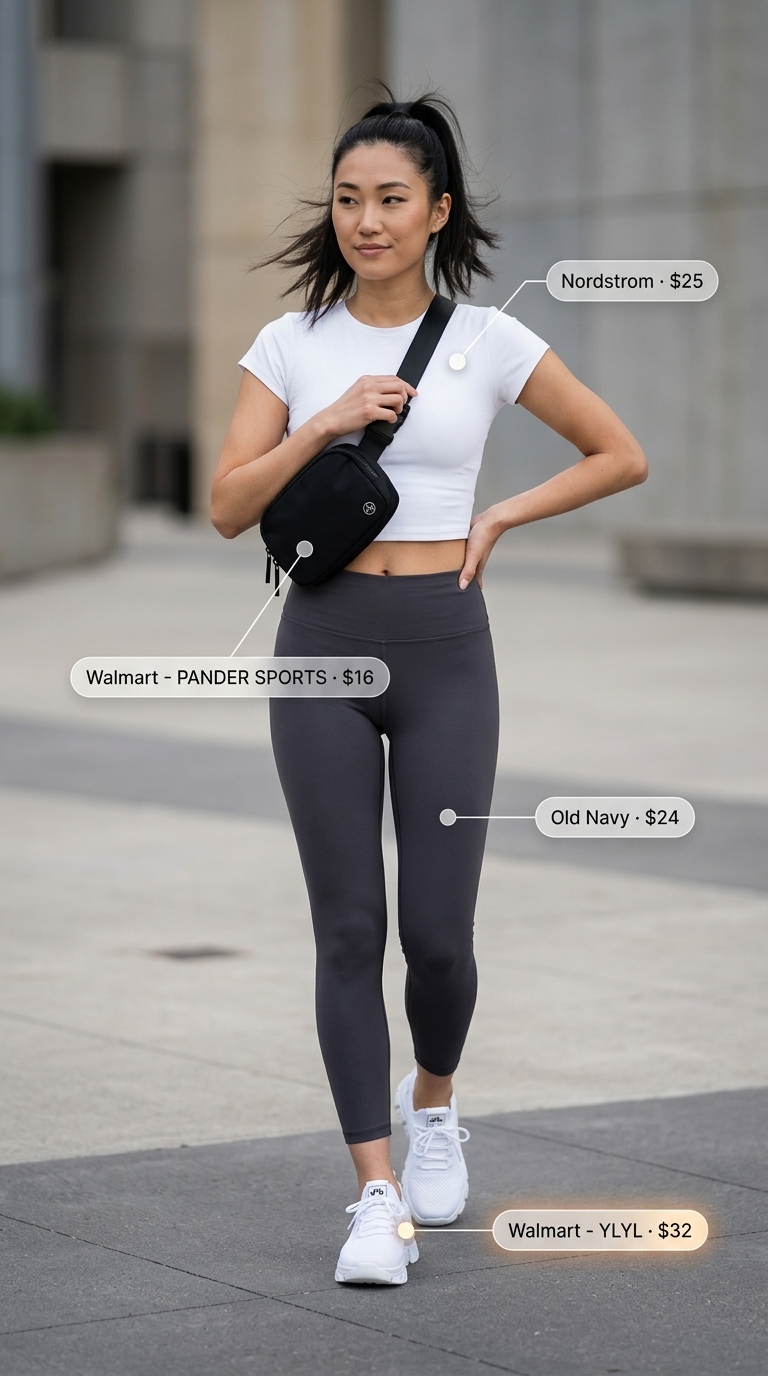 Casual summer t-shirt outfit for women 2026: White crop tee, blue stripe shirt, black leggings, sneakers, belt bag for athleisure.