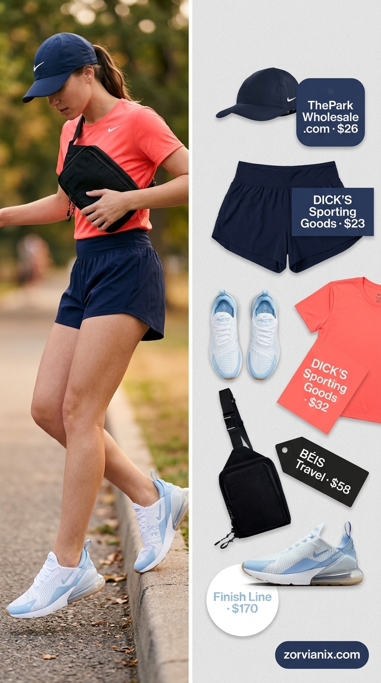 Casual summer t-shirt outfit for women 2026: Coral athletic tee, navy shorts, cap, sneakers, crossbody bag for active days.