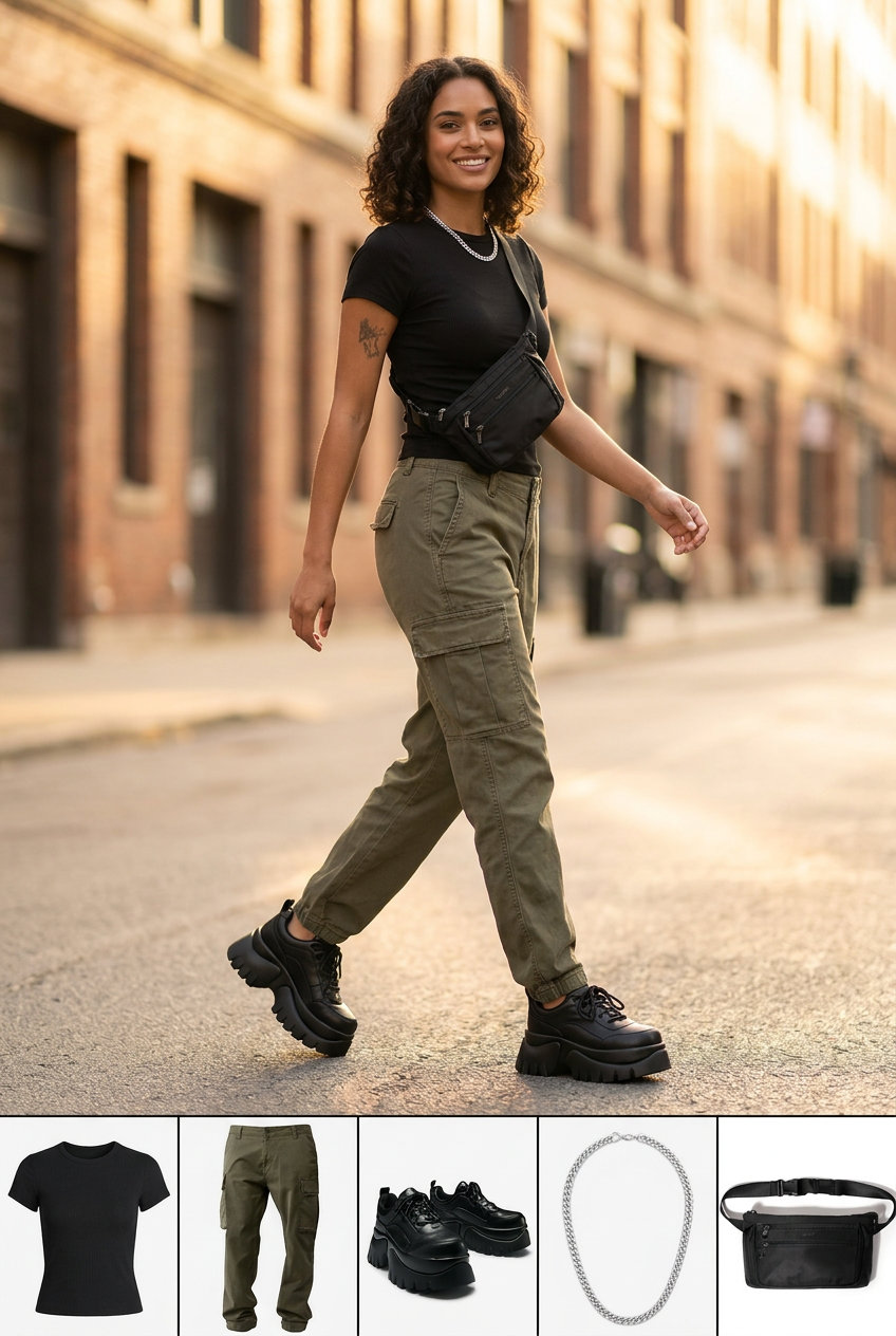 Casual summer t-shirt outfit for women 2026: Olive cargo pants, black tee, platform sneakers, utility bag, silver necklace.