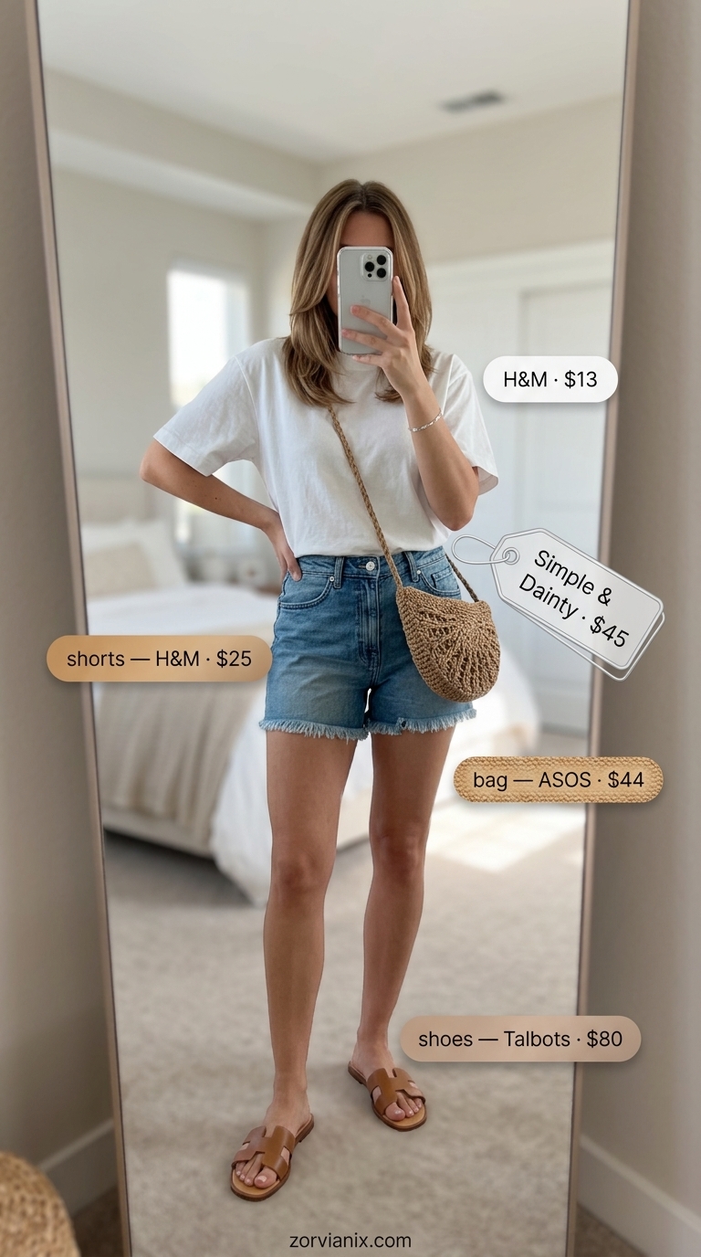 Casual summer t-shirt outfit for women 2026: White tee, denim shorts, straw bag, leather slides, silver bracelet for coastal vibe.