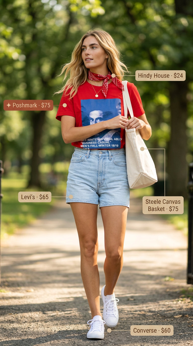 Casual summer t-shirt outfit for women 2026: Denim shorts, graphic tee, red bandana, and canvas sneakers for weekend errands.