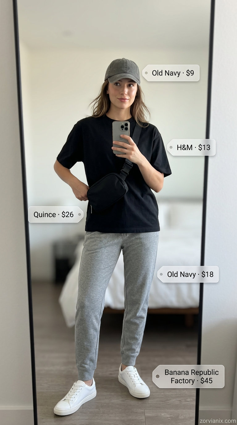 Casual summer t-shirt outfit for women 2026: Black tee, grey joggers, baseball cap, sneakers, belt bag for relaxed sporty look.
