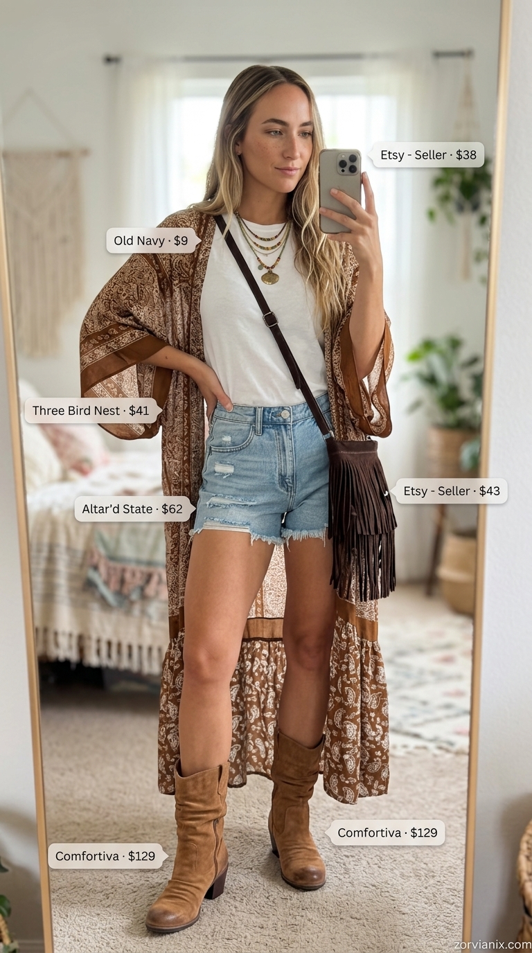 Casual summer t-shirt outfit for women 2026: White tee, floral kimono, denim shorts, suede boots, fringe bag, layered necklaces.