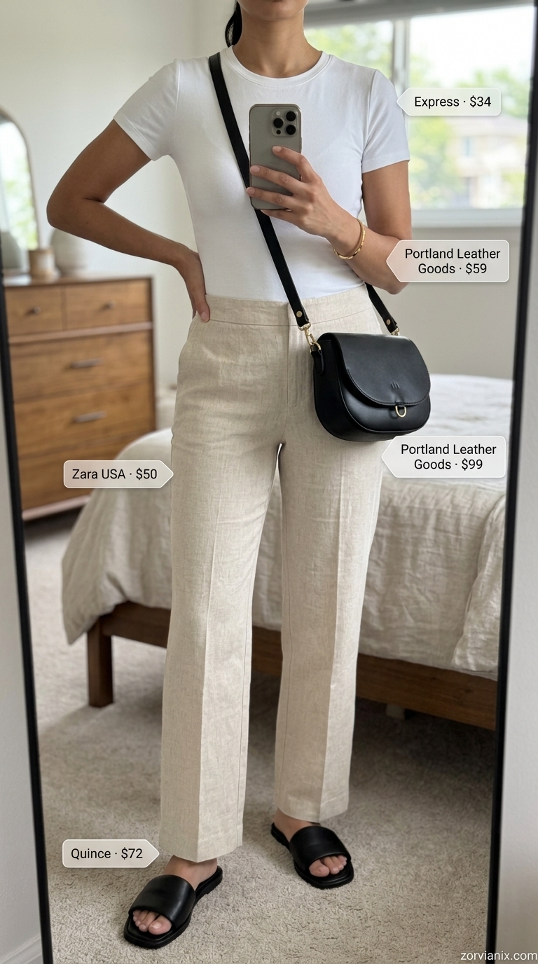 Casual summer t-shirt outfit for women 2026: White tee, beige linen pants, black slides, crossbody bag, gold bangle.