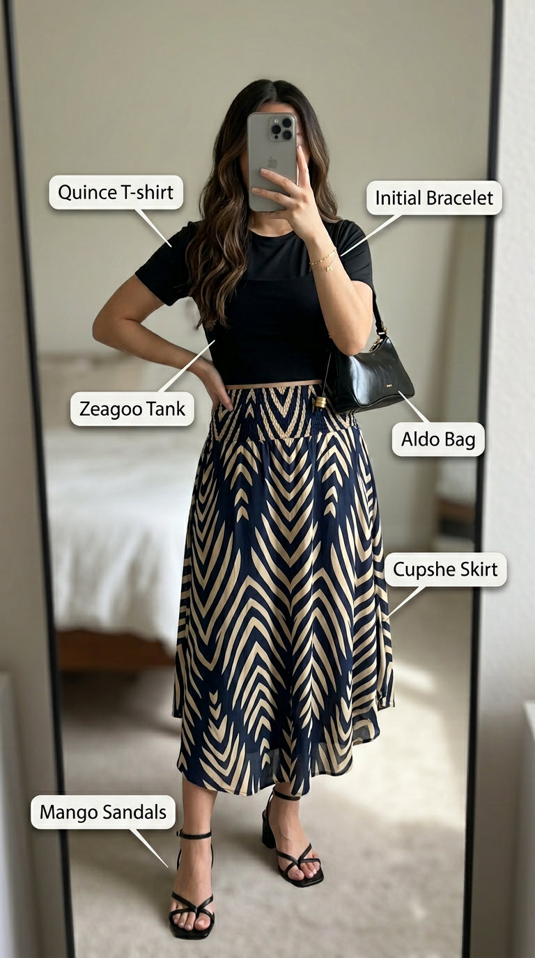 Casual summer t-shirt outfit for women 2026: Navy abstract print midi skirt, black sleeveless top, and gold jewelry for a chic evening.