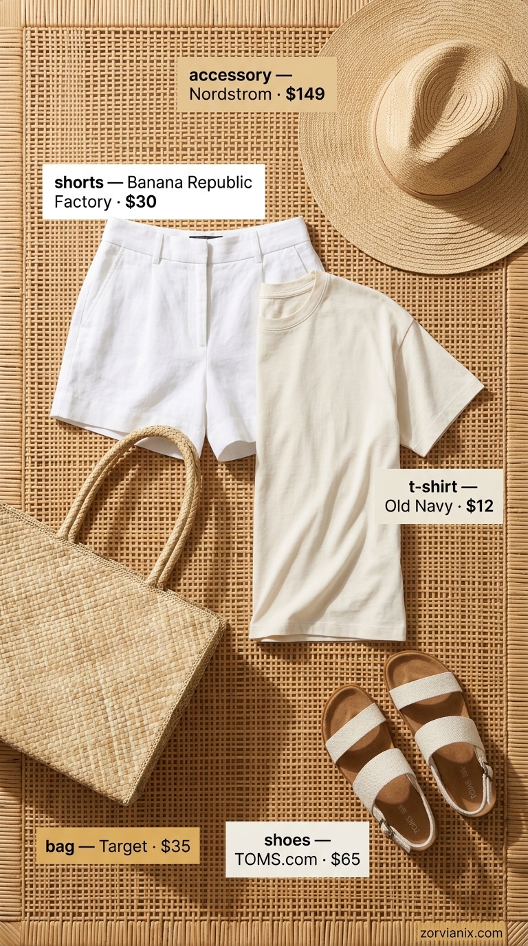 Vacation casual summer t-shirt outfit for women 2026: White linen shorts, beige linen blend t-shirt, and straw hat for travel.