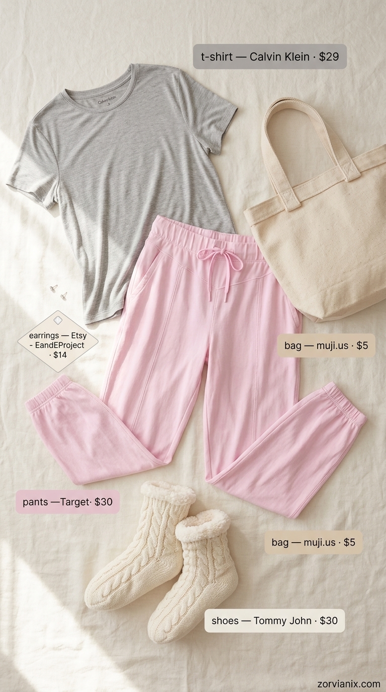 Comfortable casual summer t-shirt outfit for women 2026: Soft pink joggers, grey t-shirt, and cozy slippers for work from home.