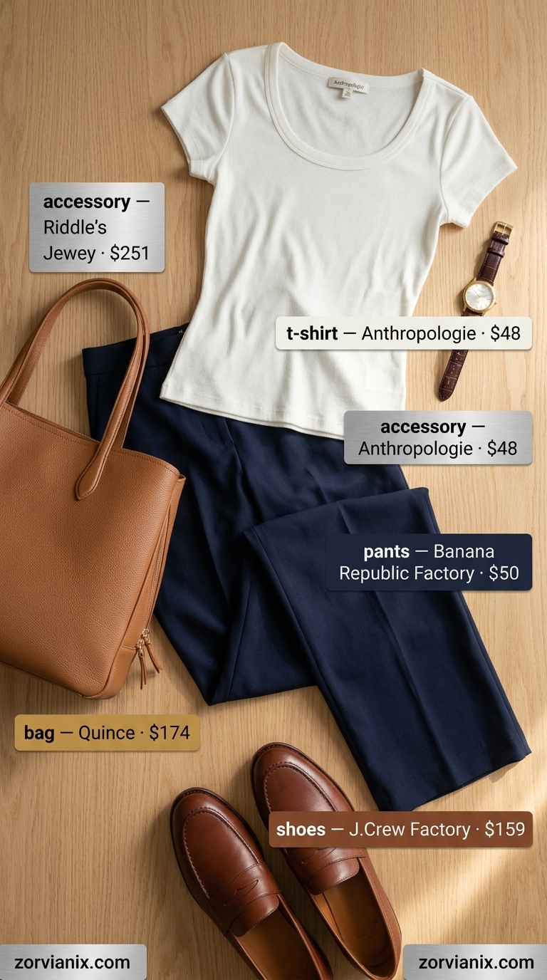 Casual summer t-shirt outfit for women 2026: Ivory tee, navy wide-leg pants, loafers, tote bag, gold watch for smart casual.