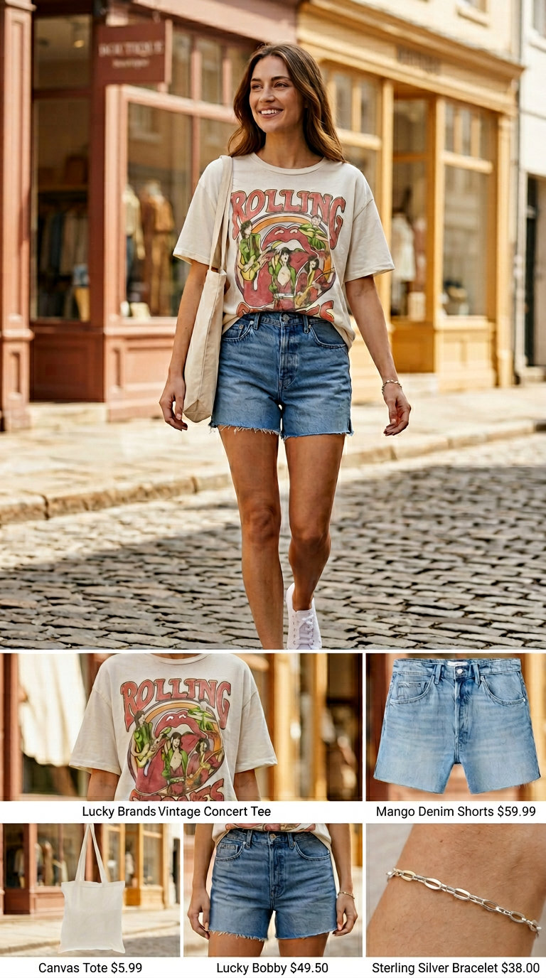 Casual summer t-shirt outfit for women 2026: White graphic tee, denim shorts, white sneakers, canvas tote, silver bracelet.