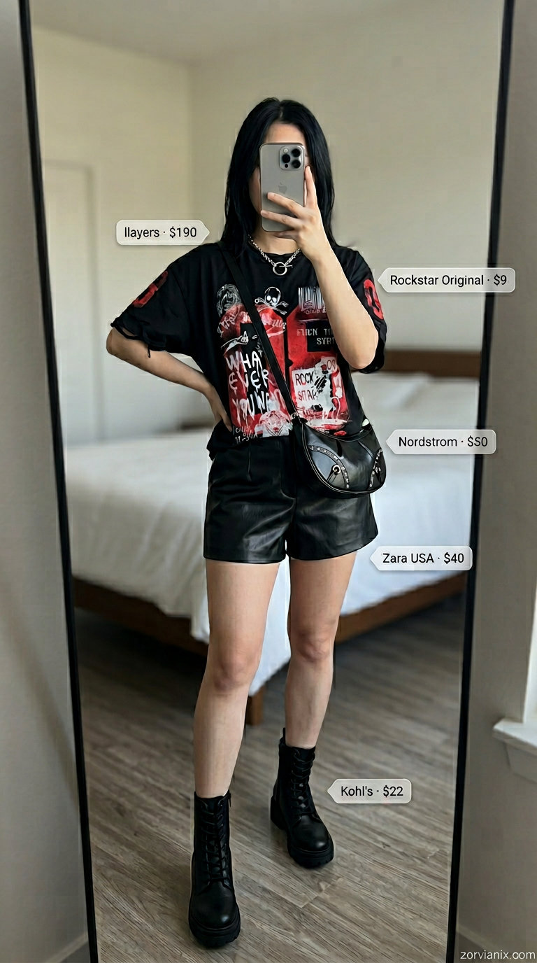 Casual summer t-shirt outfit for women 2026: Black graphic tee, faux leather shorts, combat boots, studded bag, silver choker.