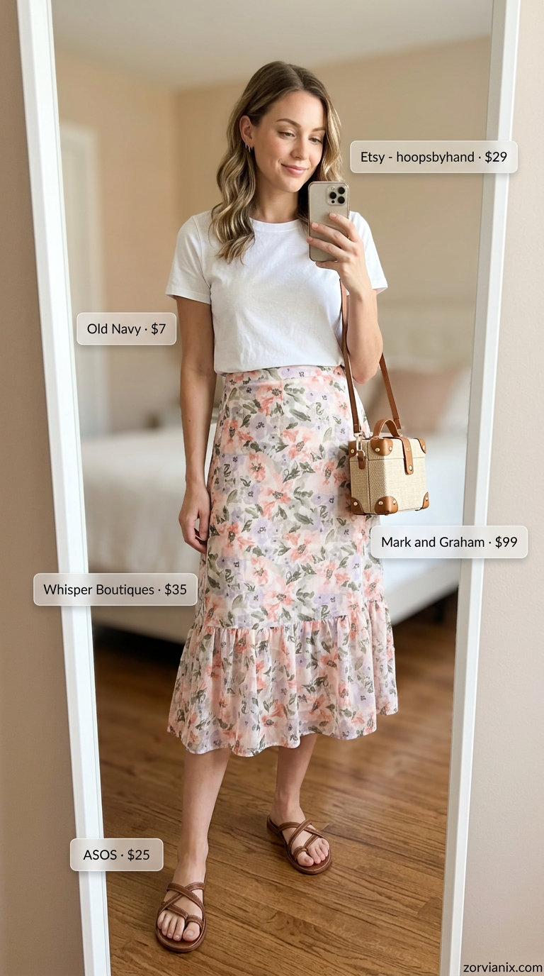 Casual summer t-shirt outfit for women 2026: White tee, floral midi skirt, tan sandals, gold earrings, raffia bag for brunch.