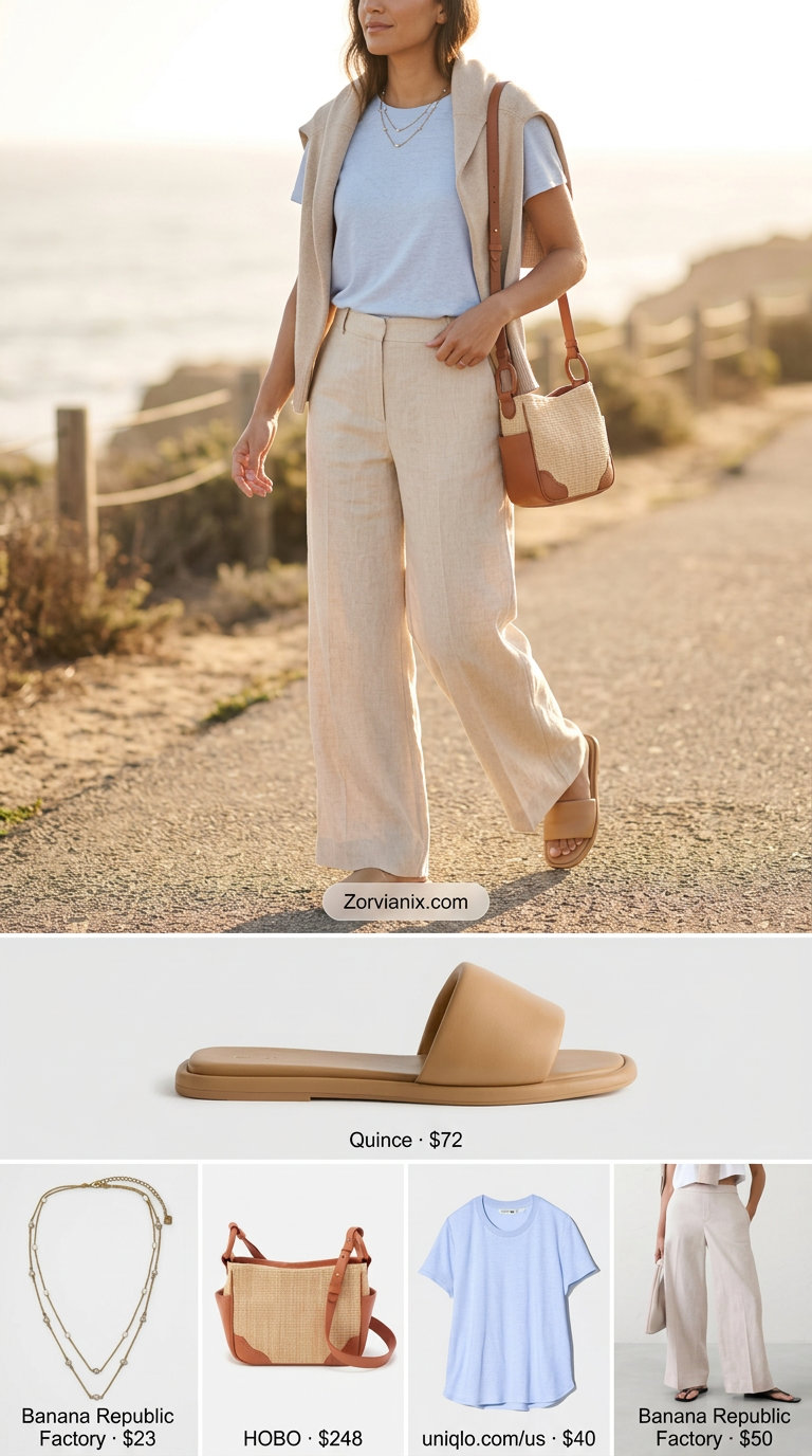 Casual summer t-shirt outfit for women 2026: Light blue linen tee, cream wide-leg pants, leather slides, straw bag, gold necklaces.
