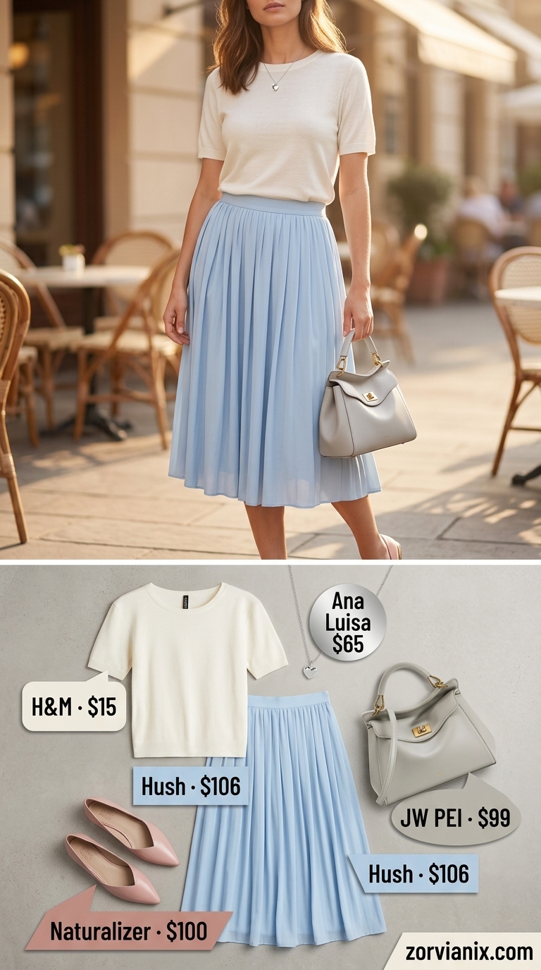 Casual summer t-shirt outfit for women 2026: Cream tee, powder blue midi skirt, ballet flats, silver necklace, top-handle bag.