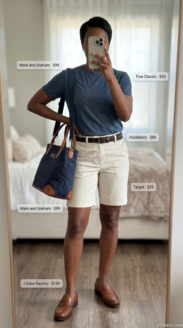 Casual summer t-shirt outfit for women 2026: Navy tee, beige chino shorts, loafers, woven belt, canvas tote for preppy look.
